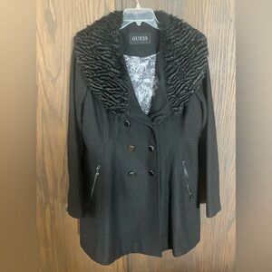 Guess Faux Fur Collar Double-breasted Skirted Pea Coat Sz XLG Black Pre-owned